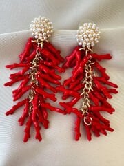 Marka Model İncili Kırmızı Mercan Küpe