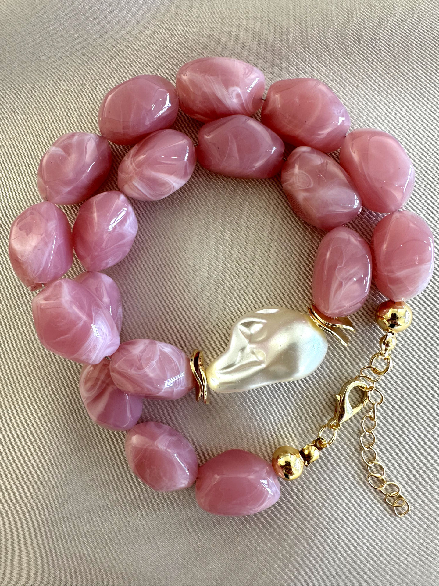 Barok İnci Pembe Taşlı Kolye