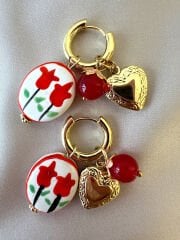 14K Altın Kaplama Çift Lale Küpe(Kırmızı)