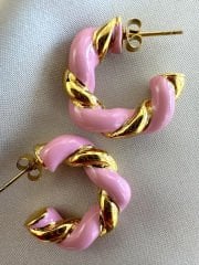 Çelik Pembe Mineli Burgu Küpe