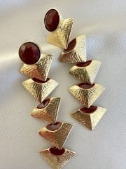 Gold Üçgen Tasarım Küpe(Bordo)