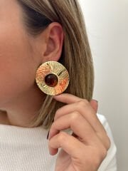 Ezme Plaka Kahverengi Taşlı Küpe