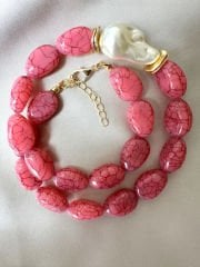 Pembe Taşlı Barok İnci Kolye