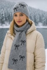 Yumuşak Doku Kurdele İp Bere&Atkı Takım(Gri)