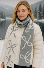 Çift Taraflı Fiyonklu Atkı(Gri/Ekru)