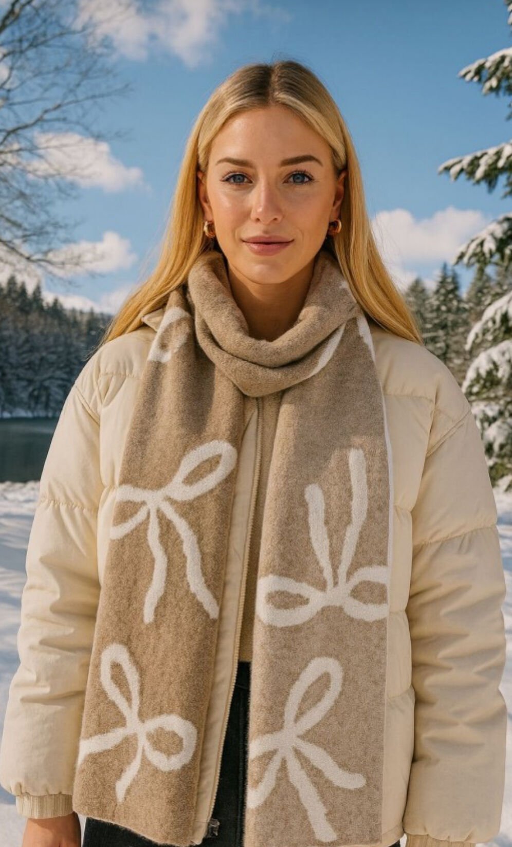 Çift Taraflı Fiyonklu Atkı(Vizon/Ekru)