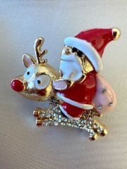 Yeni Yıl Noel Babalı Geyik Broş