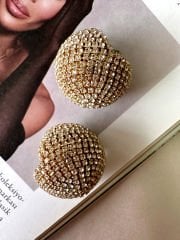 Gold Taşlı Kesik Top Küpe